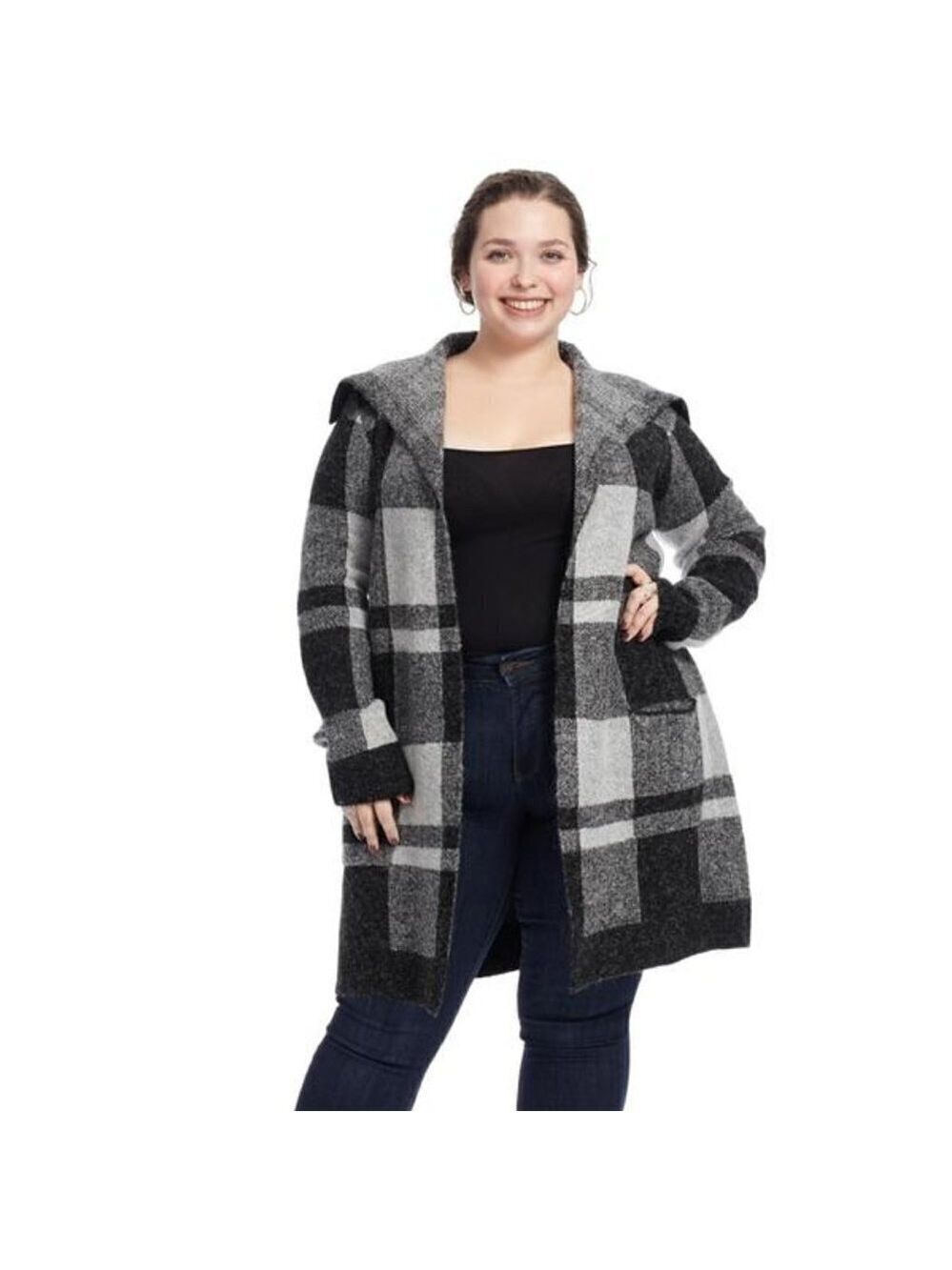 Cyrus | Gray & Black Plaid Open Front Shawl Collar Sweater Jacket, Size Medium